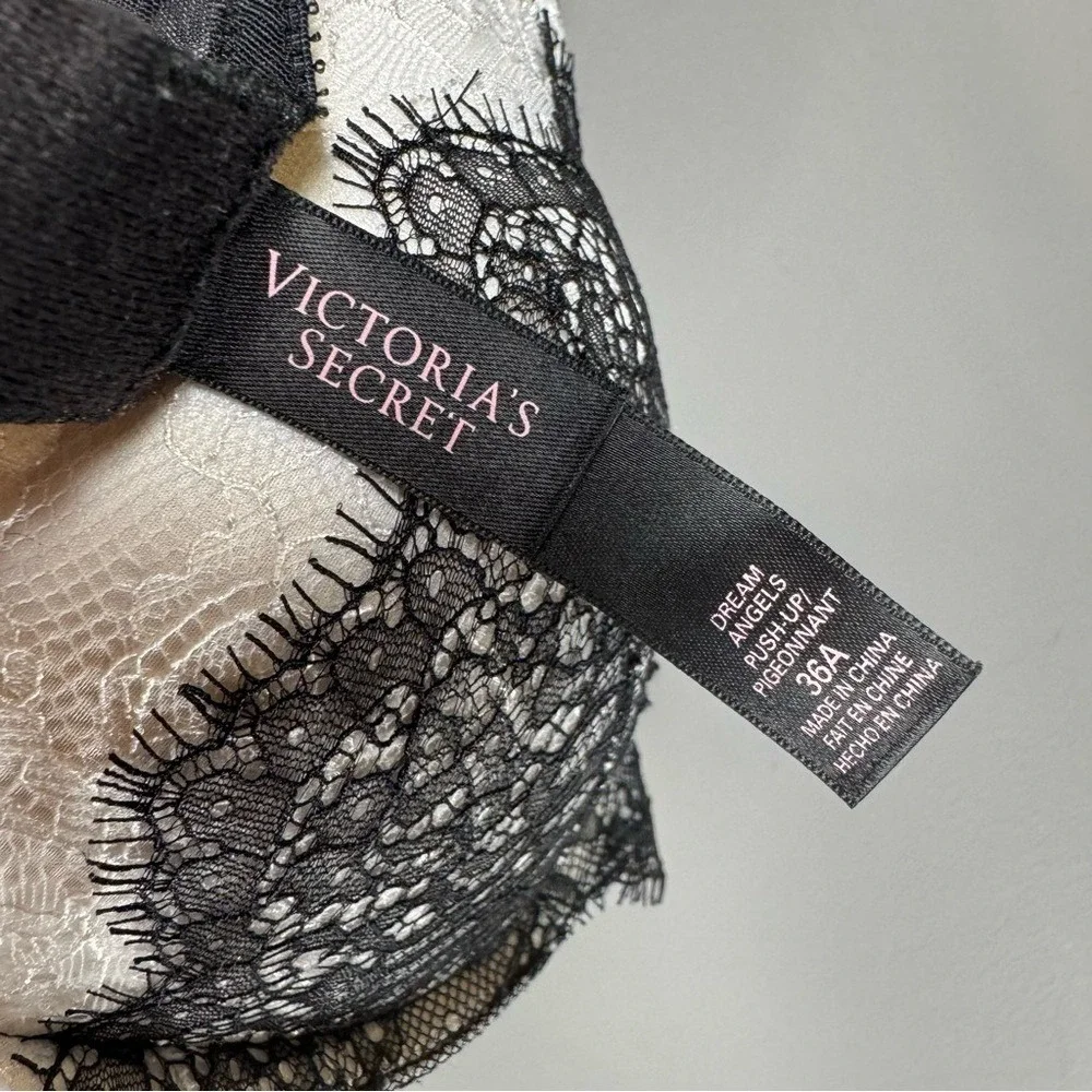 Victoria's Secret‎ Dream Angel's Push-up Bra Black Eyelash Lace White Satin 36A